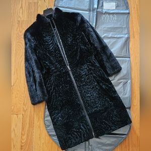 NEW BLACK REAL LAMB COAT JACKET WITH MINK COLLAR AND SLEEVES, ZIPPER, SMALL